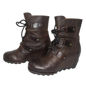 Sorel 9 Joan of Arctic Lexie Hidden Wedge Waterproof Leather Boots Lace Up Brown
